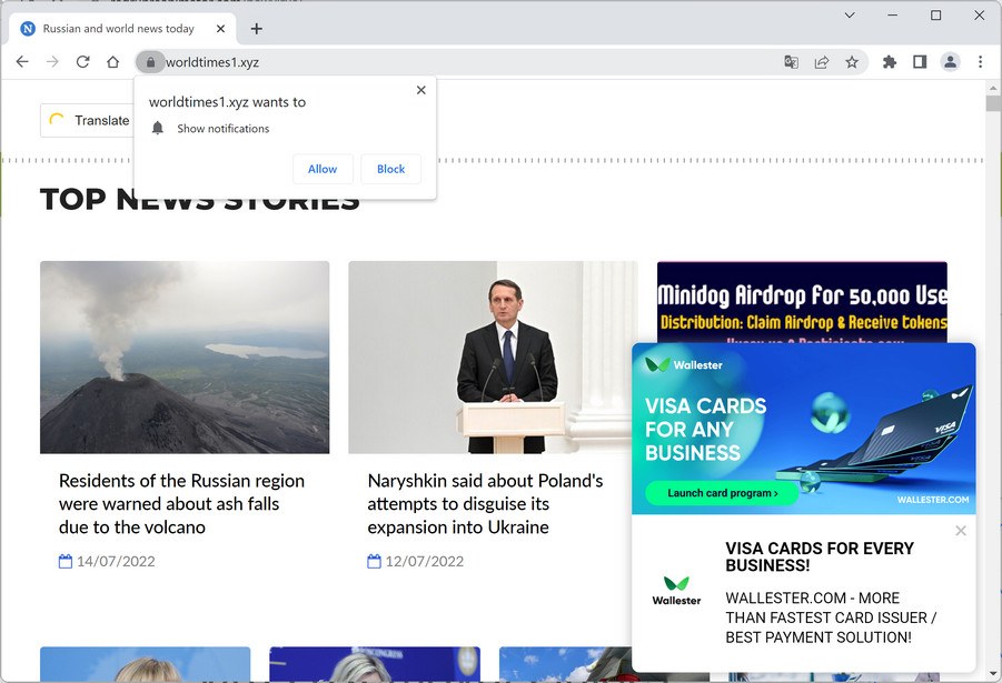 Image: Chrome browser is redirected to Worldtimes1.xyz
