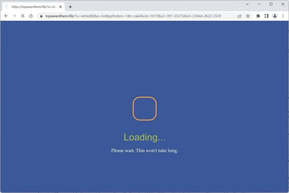 Image: Chrome browser is redirected to Topawardhere.life
