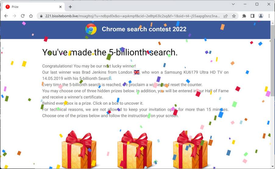 Image: Chrome browser is redirected to Bissitebomb.live