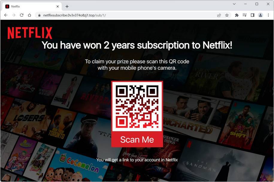 Image: Chrome browser is redirected to Netflixsubscribe.0v3v374o8zj1.top