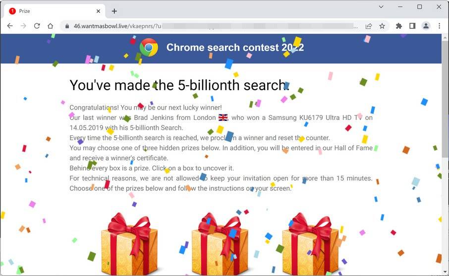 Image: Chrome browser is redirected to Wantmasbowl.live