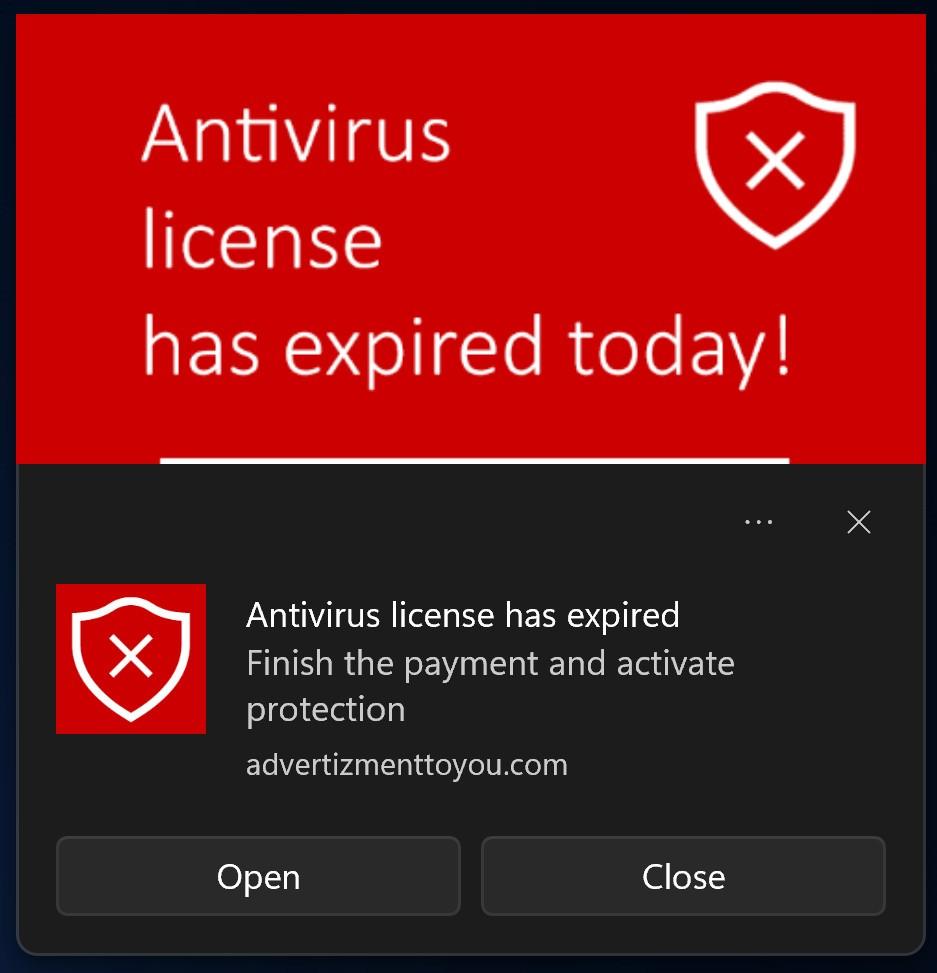 Image: Antivirus License Had Expired Today Fake Alerts
