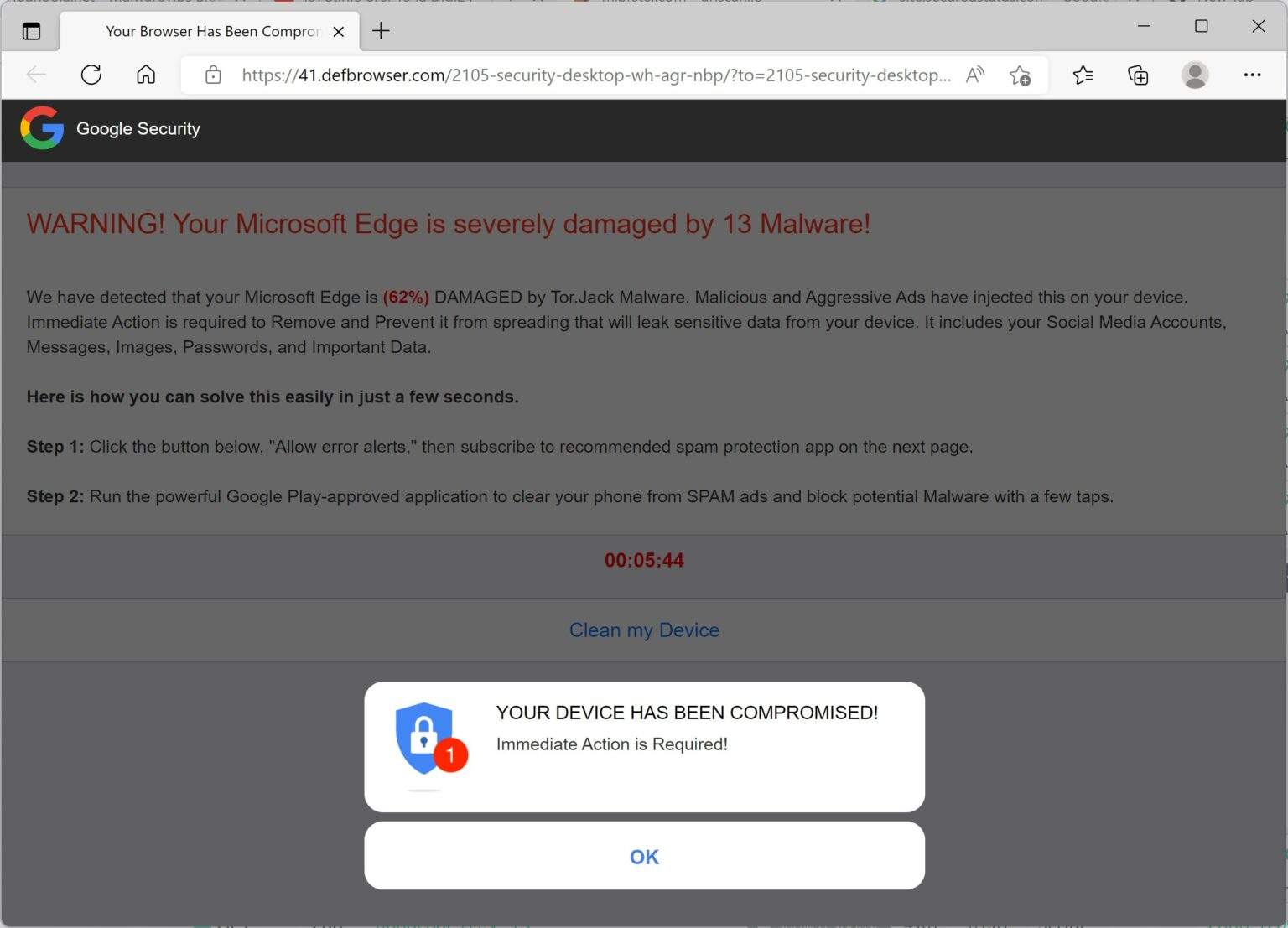 "Your Browser Is (62%) DAMAGED By Tor.Jack Malware" Scam