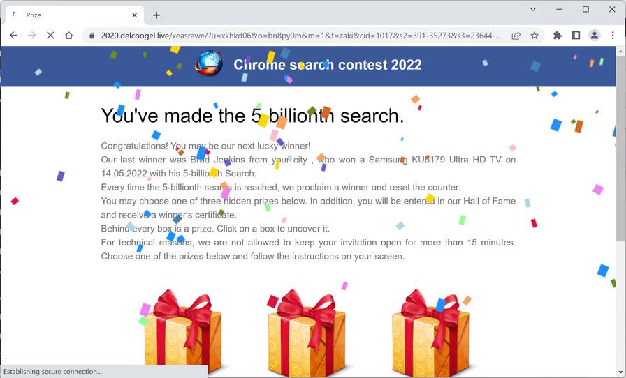 Image: Chrome browser is redirected to Delcoogel.live