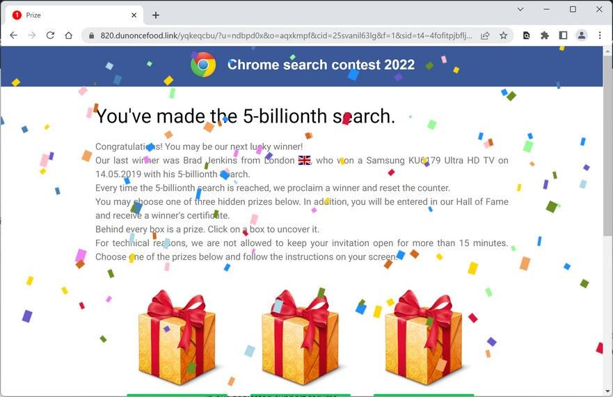 Image: Chrome browser is redirected to Dunoncefood.link