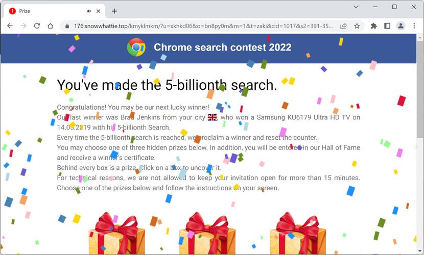 Image: Chrome browser is redirected to Snowwhattie.top