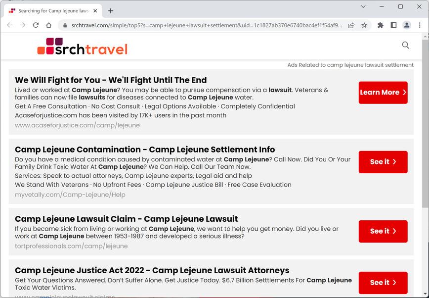 Image: Chrome browser is redirected to Srchtravel.com