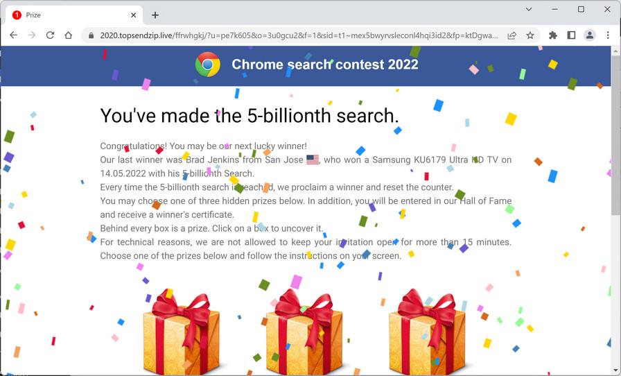 Image: Chrome browser is redirected to Topsendzip.live