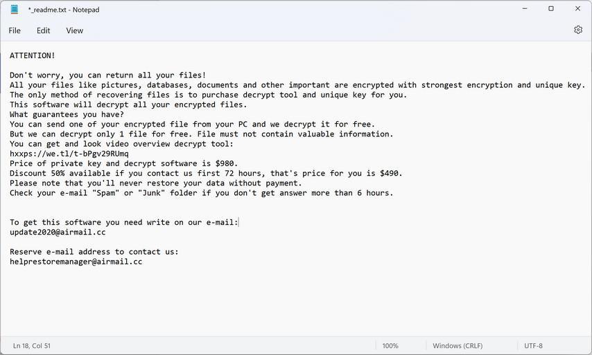 Image: Update2020@airmail.cc email ransom note