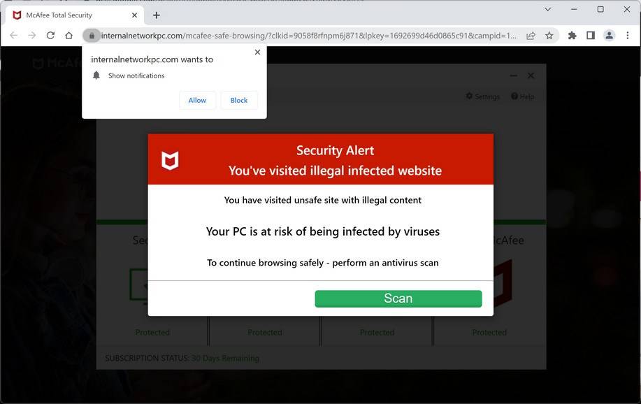 Image: Internalnetworkpc.com Fake McAfee Virus Alert