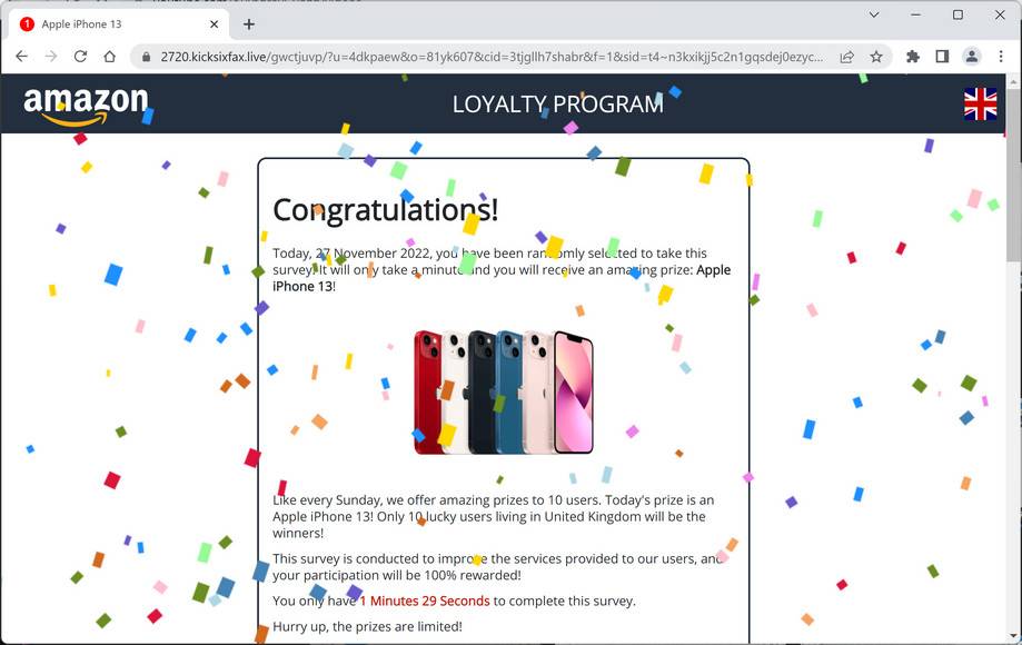 Image: Kicksixfax.live Fake Amazon Loyalty Program Survey