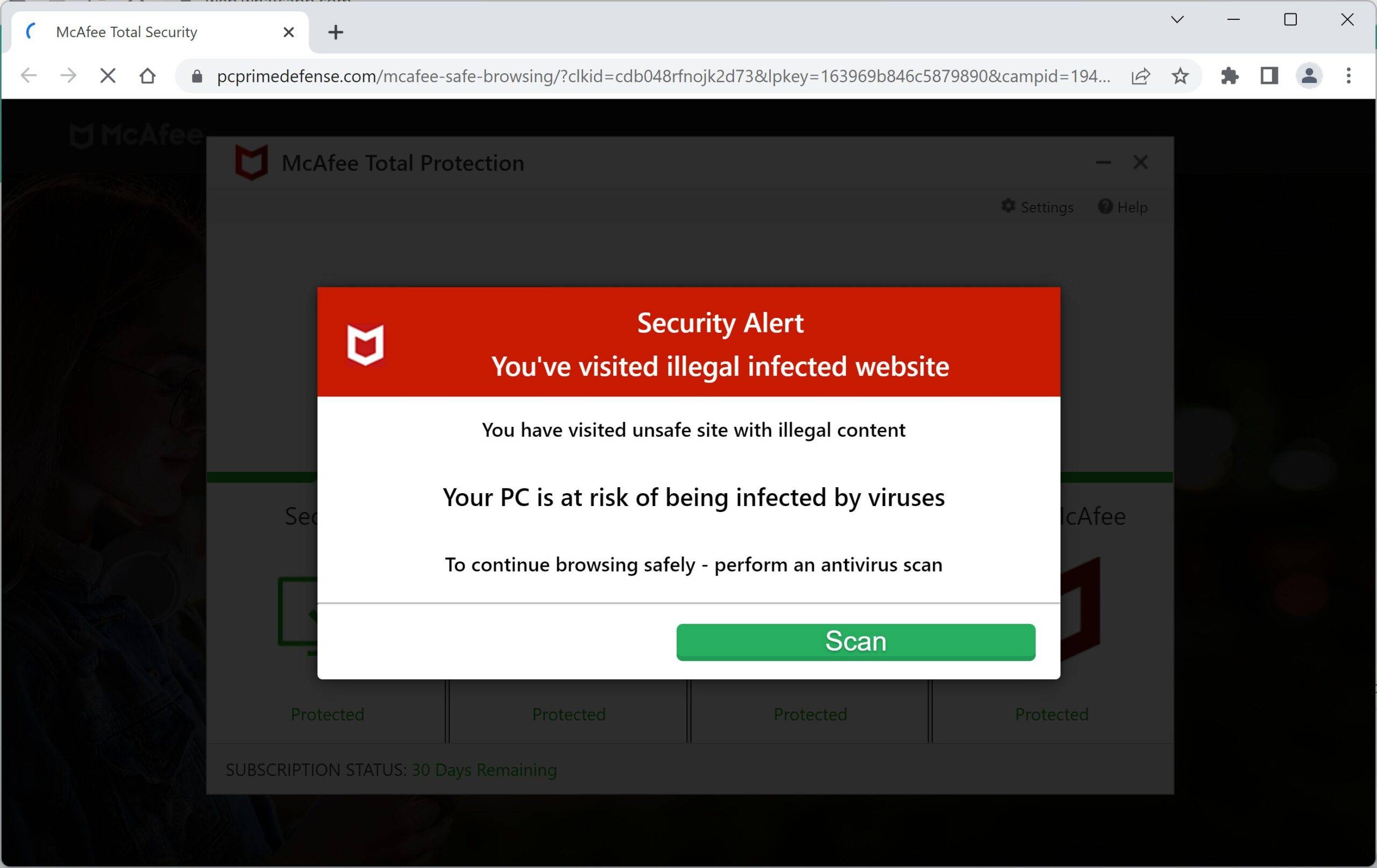 Image: Pcprimedefense.com Fake McAfee Virus Alert