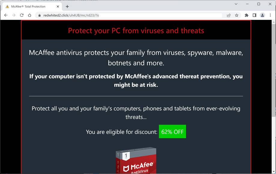 Image: Redwhited2.click Fake McAfee Virus Alert