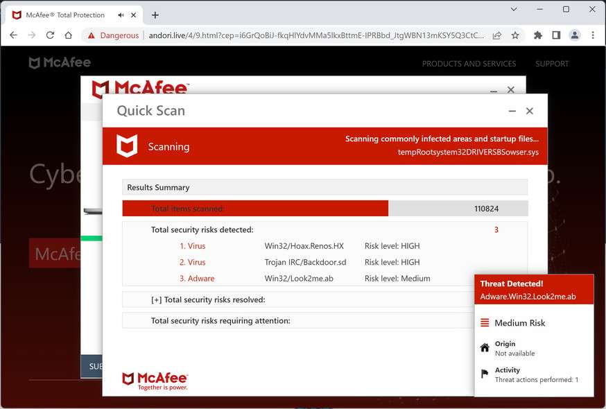 Image: Andori.live Fake McAfee Virus Alert