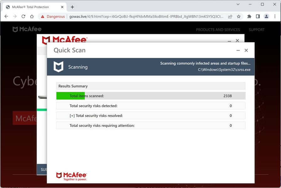 Image: Gowas.live Fake McAfee Virus Alert