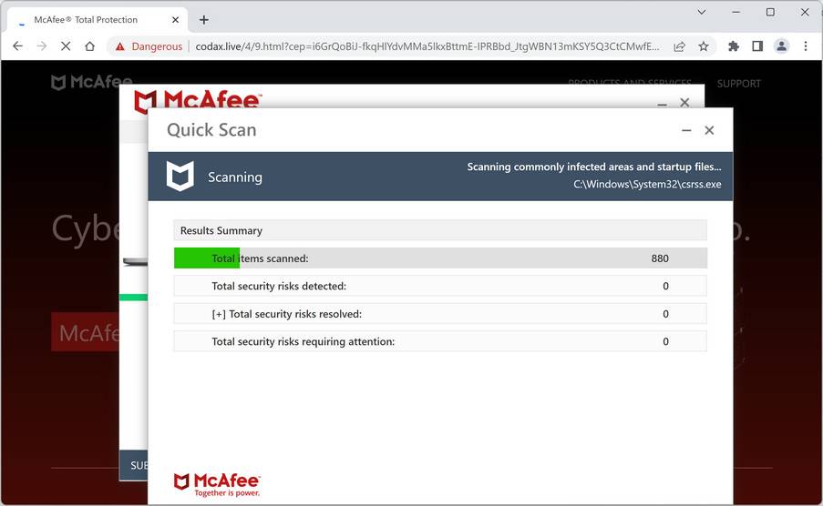 Image: Codax.live Fake McAfee Virus Alert