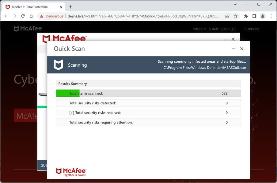 Image: Dejins.live Fake McAfee Virus Alert