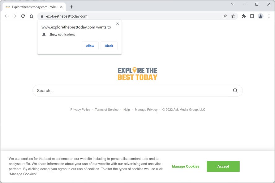 Image: Explorethebesttoday.com browser redirect