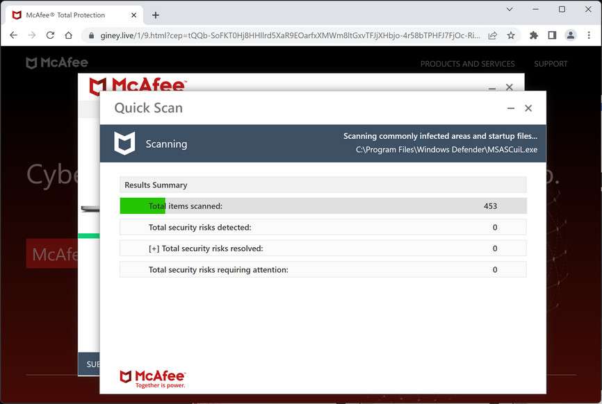 Image: Giney.live Fake McAfee Virus Alert