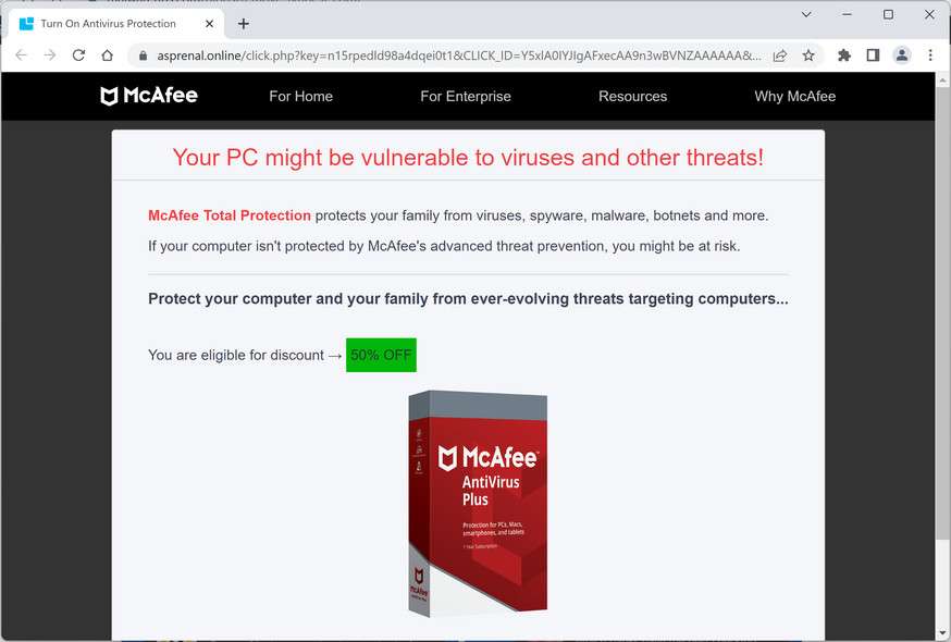 Image: Asprenal.online Fake McAfee Virus Alert