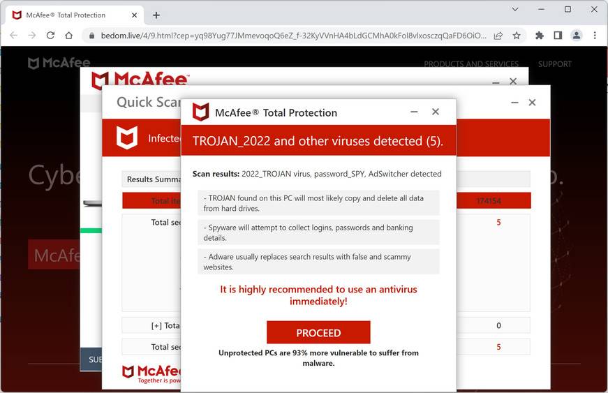Image: Bedom.live Fake McAfee Virus Alert