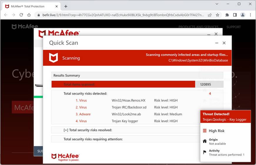 Image: Befir.live Fake McAfee Virus Alert