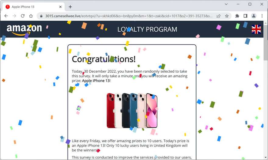 Image: Camesellwee.live Fake Amazon Loyalty Program Survey