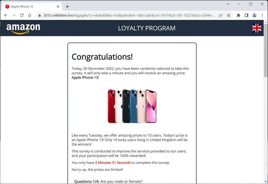 Image: Cellfallelm.live Fake Amazon Loyalty Program Survey