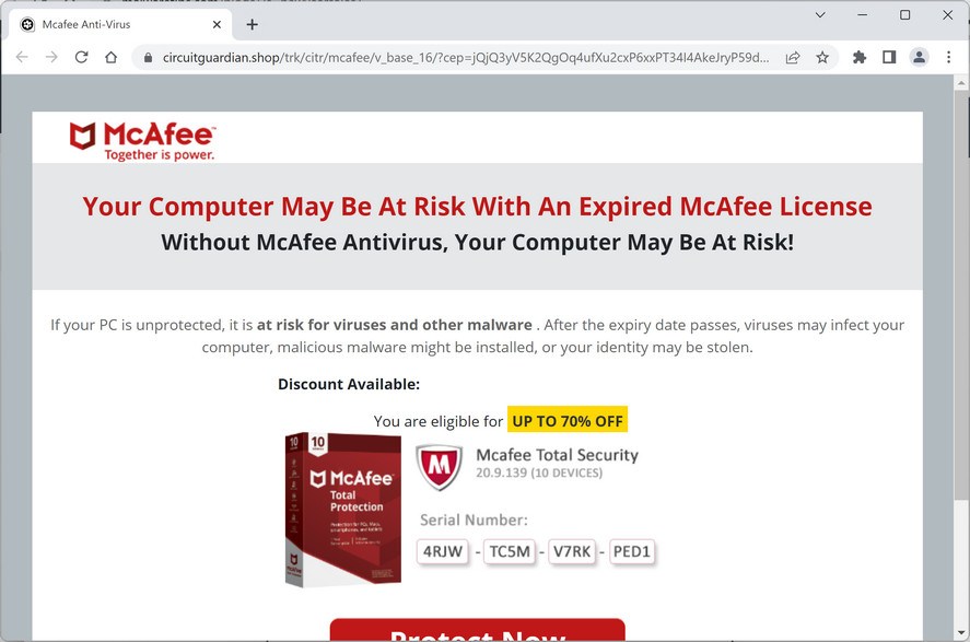 Image: Circuitguardian.shop Fake McAfee Virus Alert