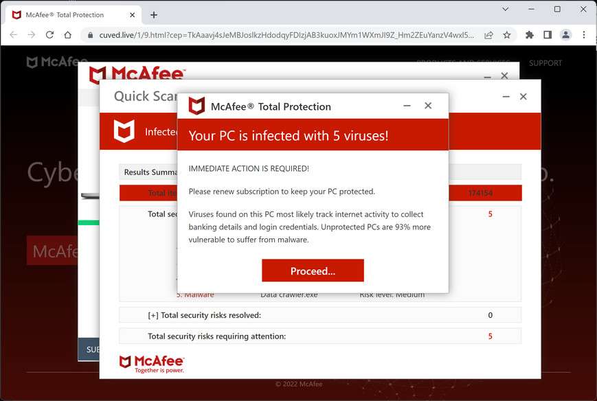 Image: Cuved.live Fake McAfee Virus Alert