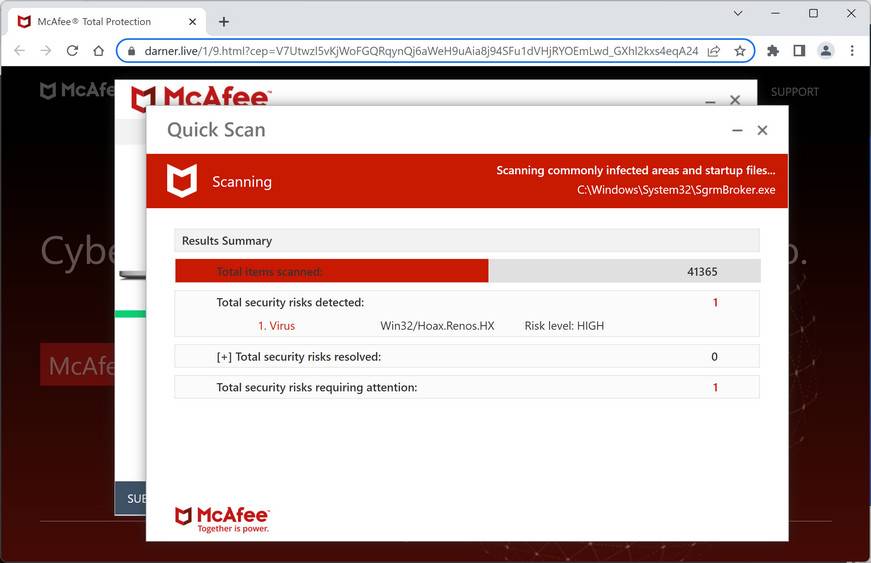 Image: Darner.live Fake McAfee Virus Alert