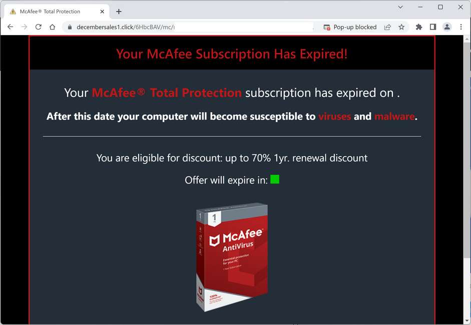 Image: Decembersales1.click Fake McAfee Virus Alert