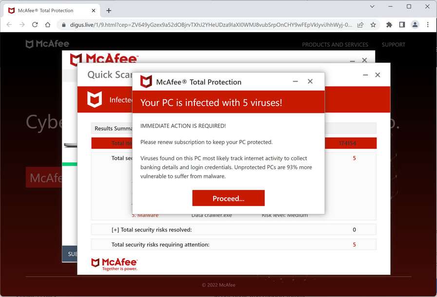 Image: Digus.live Fake McAfee Virus Alert