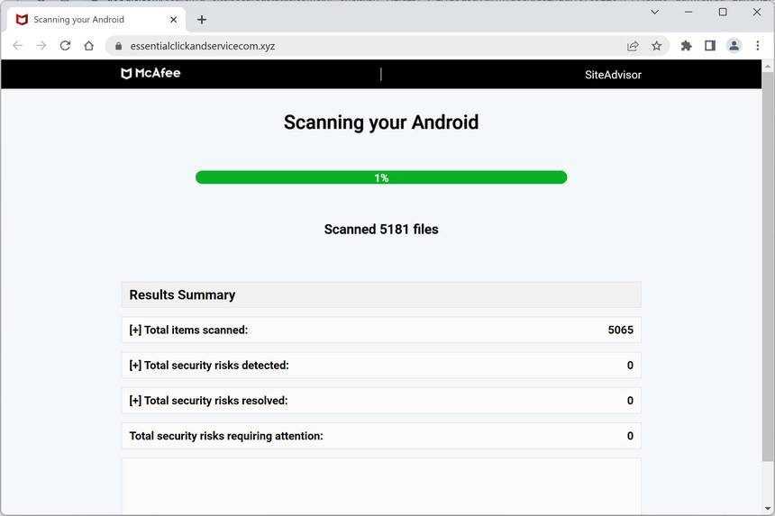 Image: Essentialclickandservicecom.xyz Fake McAfee Virus Alert