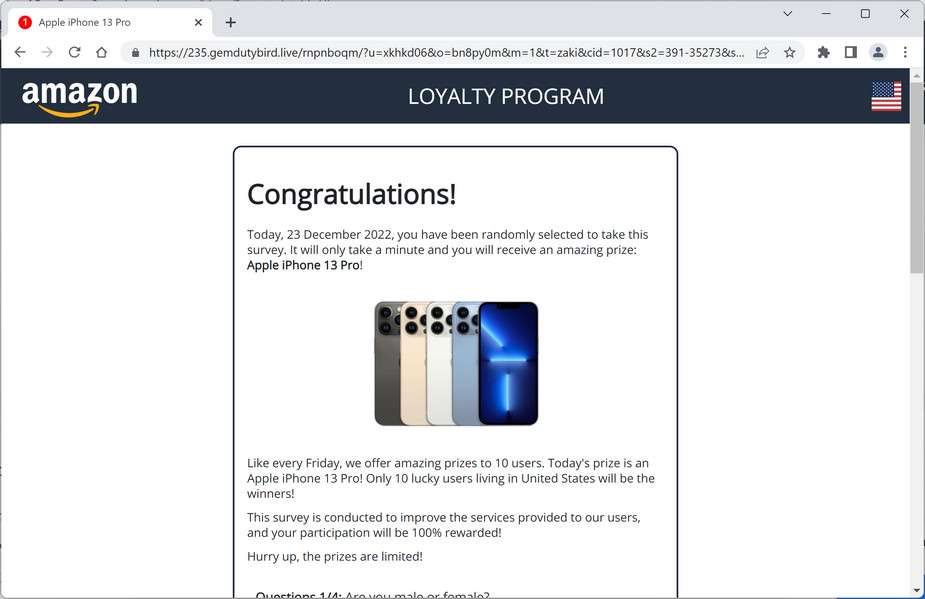 Image: Gemdutybird.live Fake Amazon Loyalty Program Survey