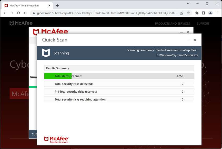 Image: Gider.live Fake McAfee Virus Alert