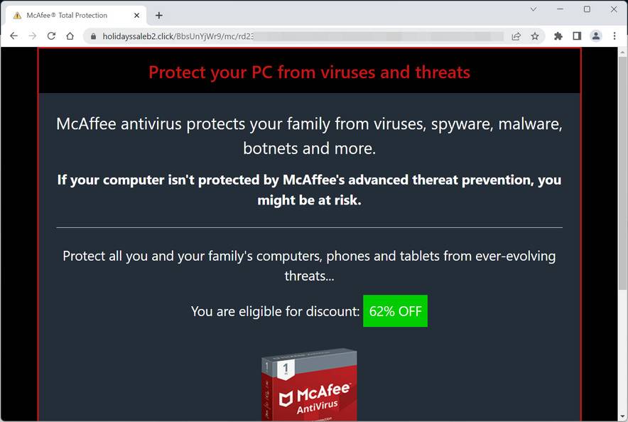 Image: Holidayssaleb2.click Fake McAfee Virus Alert