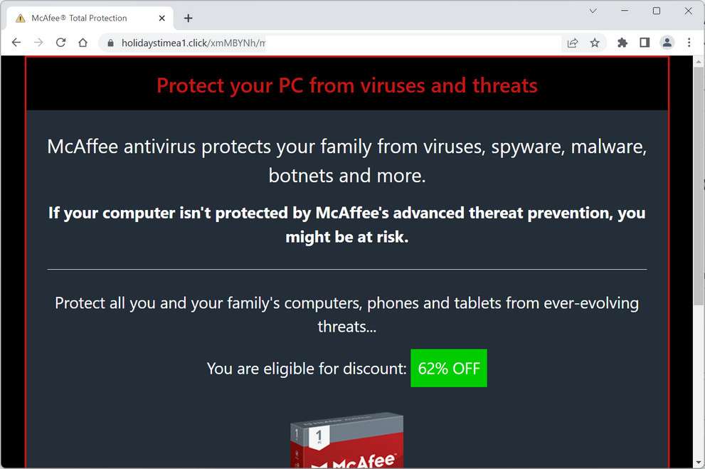 Image: Holidaystimea1.click Fake McAfee Virus Alert