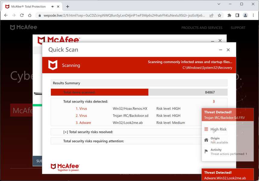 Image: Wepode.live Fake McAfee Virus Alert