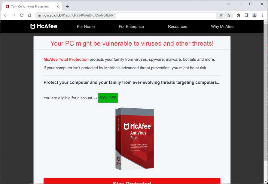 Image: Joyceu.click Fake McAfee Virus Alert