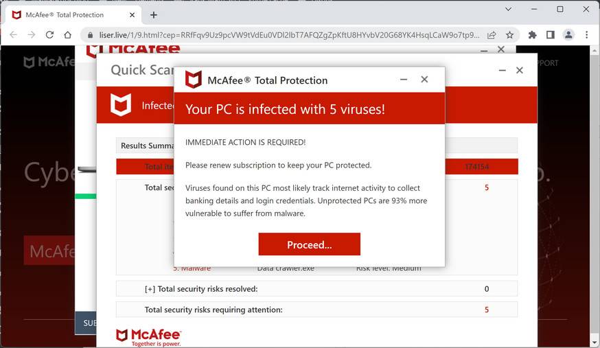 Image: Liser.live Fake McAfee Virus Alert