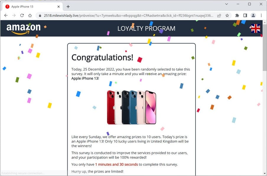 Image: Milewishlady.live Fake Amazon Loyalty Program Survey