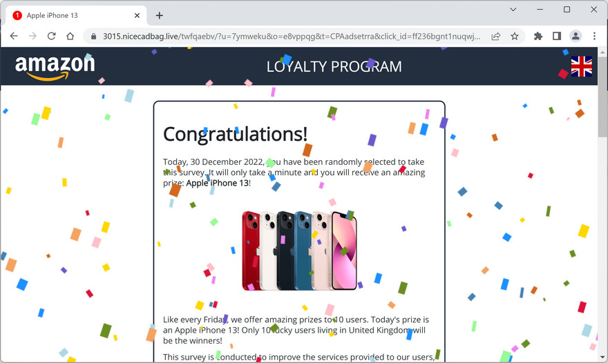 Image: Nicecadbag.live Fake Amazon Loyalty Program Survey