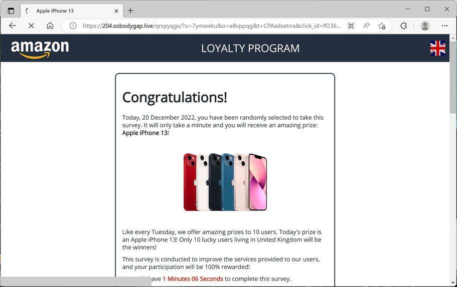 Image: Osbodygap.live Fake Amazon Loyalty Program Survey