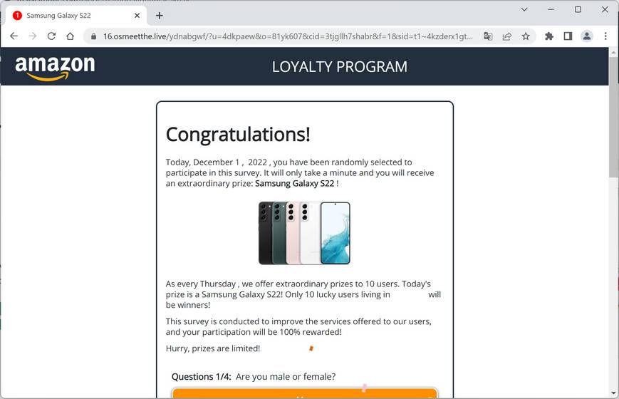 Image: Osmeetthe.live Fake Amazon Loyalty Program Survey