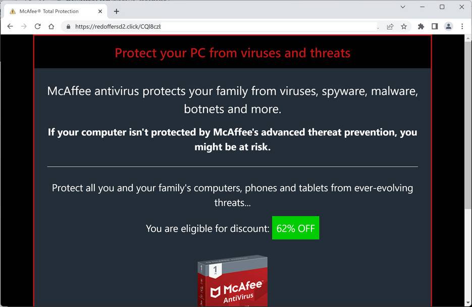 Image: Redoffersd2.click Fake McAfee Virus Alert