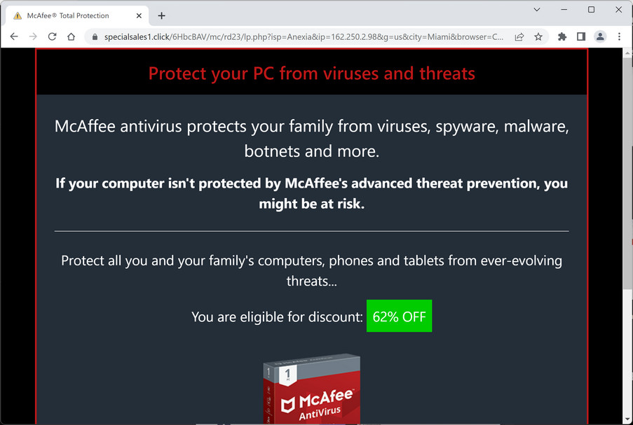 Image: Specialsales1.click Fake McAfee Virus Alert