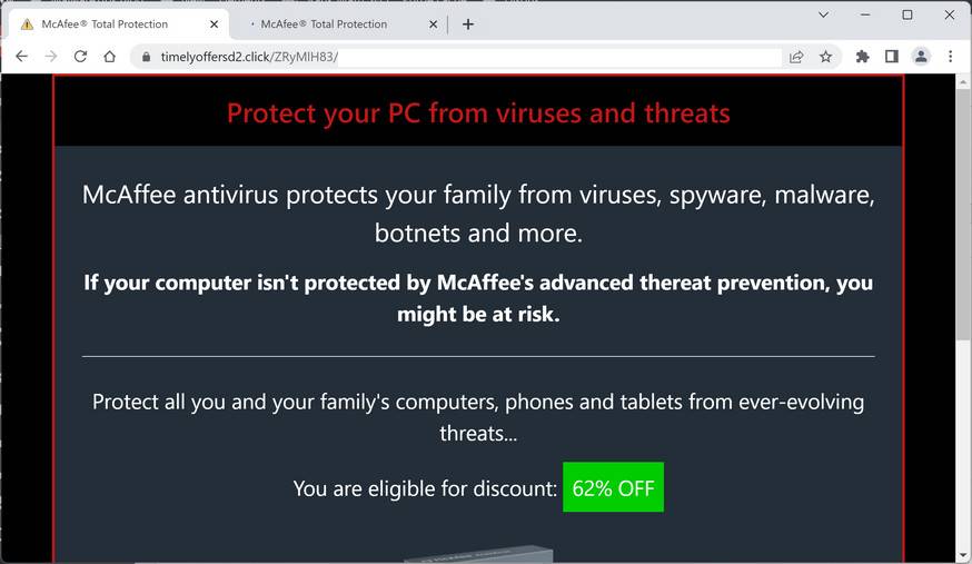 Image: Timelyoffersd2.click Fake McAfee Virus Alert