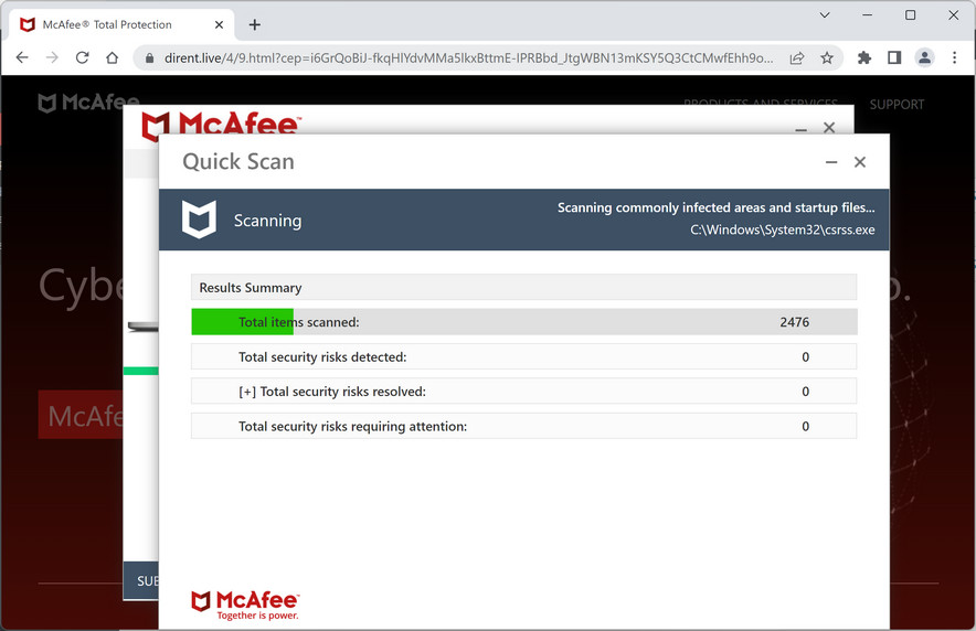 Image: Dirent.live Fake McAfee Virus Alert