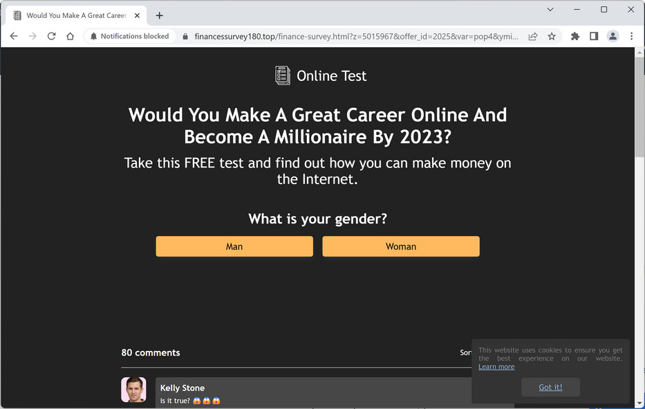 Image: Chrome browser is redirected to Financessurvey180.top